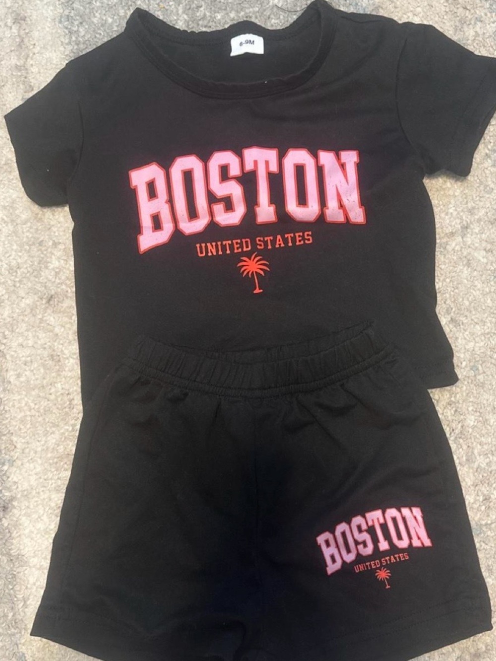 SHEIN Black and Pink Boston Kids Two-Piece Shorts Set